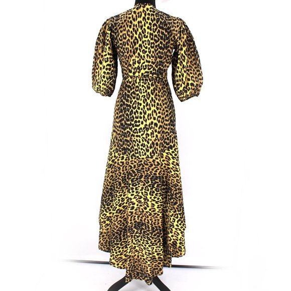 Ganni Leopard Print Cotton Wrap Dress 34 High Low Ruffle Hem Puffy Sleeve Small - Picture 7 of 9